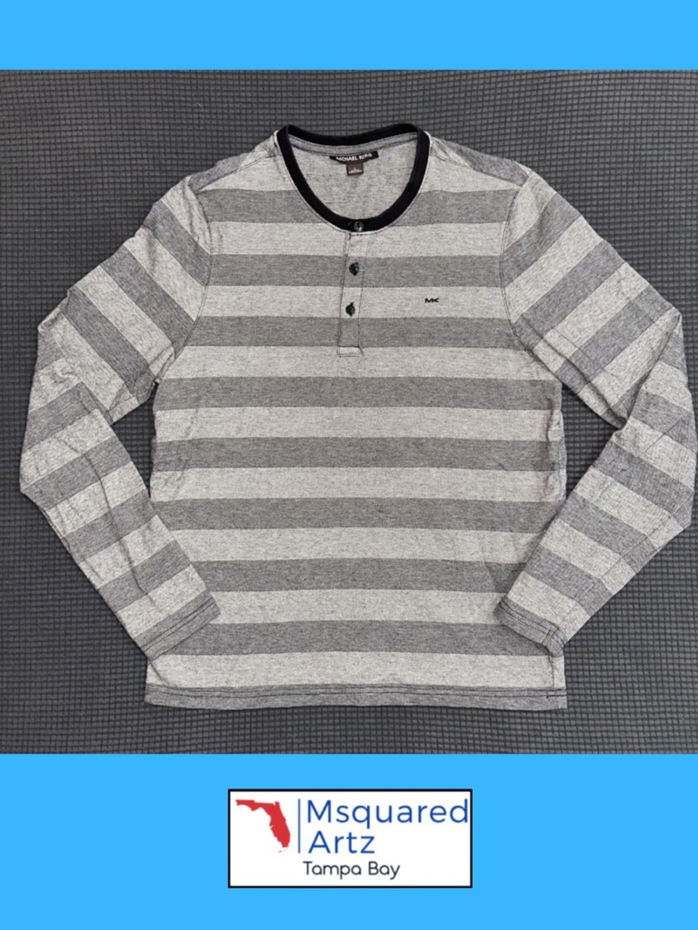 Michael Kors Mens Gray Striped Long Sleeve Henley Shirt Size Large